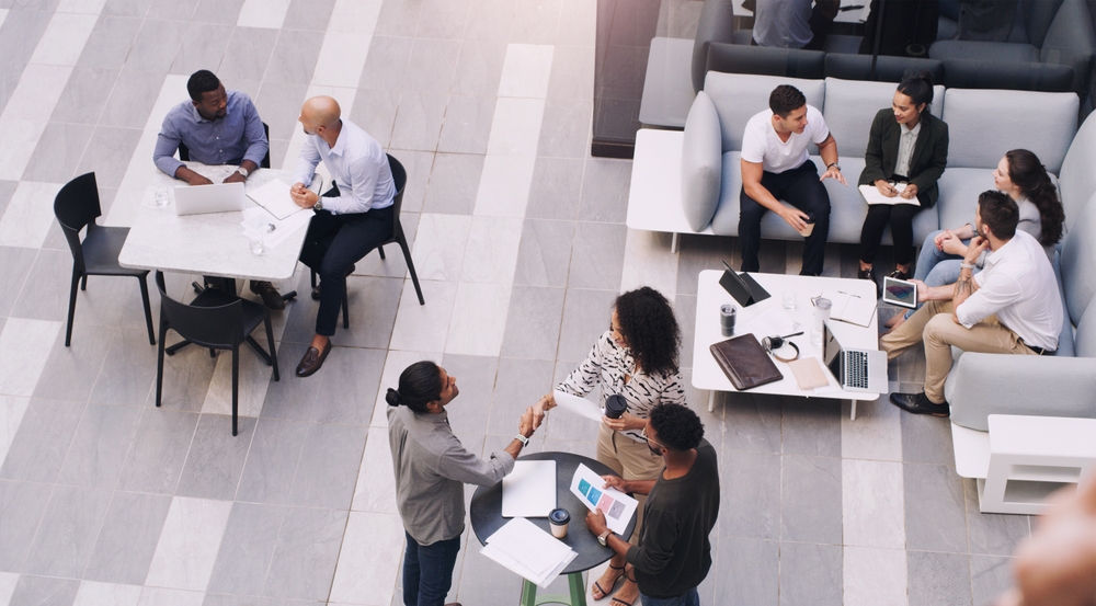Aerial view of people networking at a coworking space