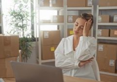 Small business owner surrounded by boxes of inventory